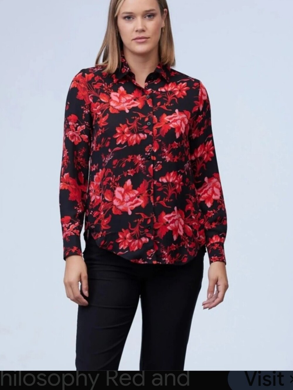 Women’s Black Red Floral Button-Front Blouse